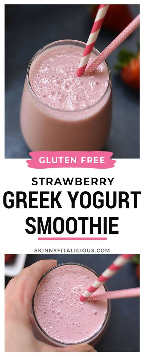 100 Calorie Strawberry Greek Yogurt Smoothie! #smoothie #lowcalorie #highprotein #Greekyogurt #strawberry #100calorie #glutenfree #skinnyfitalicious Breakfast Smoothie With Yogurt, Greek Yogurt Peanut Butter Smoothie, Healthy Smoothies With Greek Yogurt, Low Calorie High Protein Smoothie Recipes, Low Cal Smoothies 100 Calories, Healthy Yogurt Smoothies, 100 Cal Smoothie, Protein Smoothie With Greek Yogurt, High Protein Strawberry Smoothie