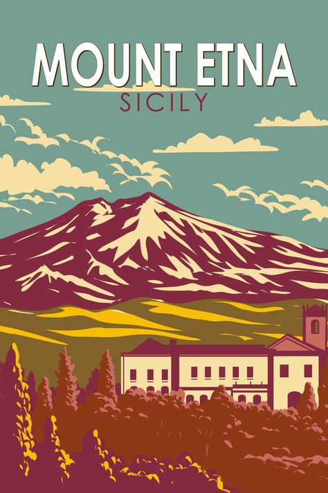 Retro art poster of Mount Etna in Sicily showcasing volcanic majesty and Sicilian wonder. Sicily Art, Europe Scrapbook, Landmarks Of The World, Travel Exhibition, Catania Italy, 2024 Travel, Sicily Travel, Vintage Postcards Travel, Graphic Icons