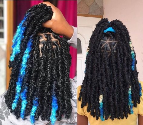 Butterfly Locs With Color Blue, Buterflylocks Styles, Extended Butterfly Locs With Color, Colored Butterfly Locs Black Women, Black Girls Hairstyles Butterfly Locs, Black And Blue Faux Locs, Different Color Butterfly Locs, Blue And Black Butterfly Locs, Butterfly Locks Color