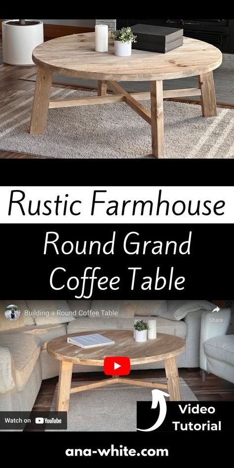 Farmhouse Round Coffee Table, Round Coffee Table Diy, Rustic Farmhouse Coffee Table, Farmhouse Coffee Table, Coffee Table Base, Round Wood Coffee Table, Coffee Table Dimensions, Home Coffee Bar, Woodworking For Kids