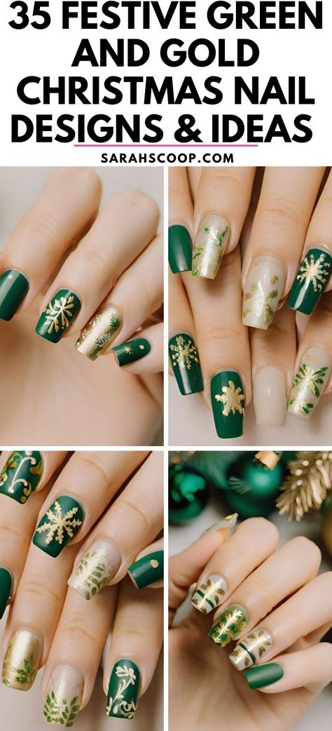 Get ready to turn heads this holiday season with these captivating Christmas nail designs, radiating rich green and gold hues. Because your nails deserve to feel festive too! 🎄💚💛#nailinspo #Christmasnails #HolidayFashion Green Gold Holiday Nails, White Green Gold Nails, Evergreen And Gold Nails, Green Gold Ombre Nails, Christmas Green And Gold Nails, December Nails Green And Gold, Christmas Nails In Green, Dark Green Nails With Gold Glitter, Green And Gold Winter Nails