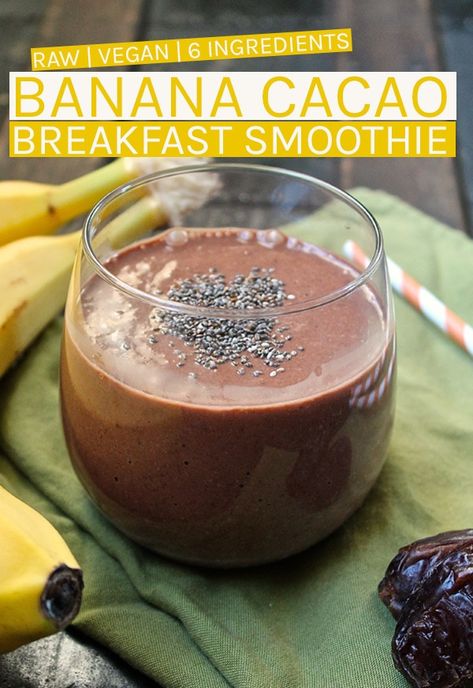 Healthy Chocolate Breakfast, Chocolate Breakfast Smoothie, Raw Breakfast, Cacao Smoothie, High Fiber Breakfast, Cacao Recipes, Shamrock Shake, Raw Banana, Quotes Nature