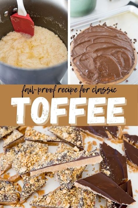 Toffee is a rich, buttery hard candy that is topped with semi-sweet chocolate. This is the only toffee recipe you will ever need. It is perfect for gifting, parties or even just snacking! |Cooking with Karli| Hard Candy Recipes, Cooking With Karli, Homemade Toffee, Toffee Candy, Toffee Recipe, Sweet Foods, Banana Dessert, No Cook Desserts, Homemade Candies