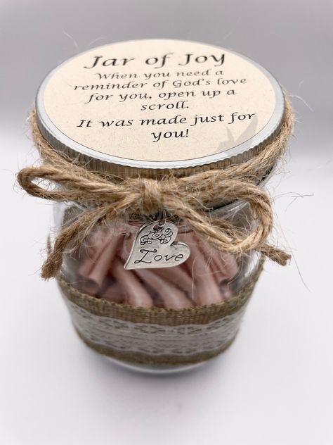 Jar Of Joy Ideas, Scripture Gifts For Women, Jar Of Joy Scriptures, Gift Jars Ideas For Women, Bible Journaling Gift Basket, Jar Of Bible Verses, Women Friend Gifts, Joy Jar Ideas, Encouragement Gifts For Women