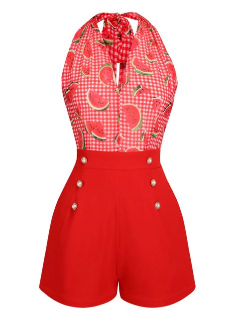 Watermelon Red Halter Patchwork Romper – Retro Stage - Chic Vintage Dresses and Accessories 50s Summer Fashion, Watermelon Clothes, Retro Dress Outfits, Patchwork Romper, Retro Stage, Red Clothes, Retro Clothes, Vestidos Retro, Vintage Romper