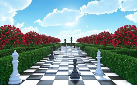 Japan Garden Design, Tree With Red Flowers, Maze Garden, Alice In Wonderland Garden, Wonderland Garden, Flamingo Illustration, Wonderland Aesthetic, Kpop Backgrounds, Clouds In The Sky