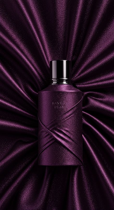 The image features a luxurious perfume bottle wrapped in a shimmering purple fabric. The bottle itself is a deep purple color with a metallic sheen, and it has a sleek, shiny black cap. The fabric surrounding the bottle is arranged in a way that creates a dramatic and elegant backdrop, enhancing the opulence of the scene. The text on the bottle reads "RAVERA FLAME." This image is interesting and relevant as it showcases high-end packaging design and the use of rich colors and textures to convey a sense of luxury and sophistication. Purple Perfume Bottle, Purple Perfume, Luxurious Perfume, Elegant Backdrop, Bottle Wrapping, Deep Purple Color, Purple Fabric, Black Cap, Perfume Bottle