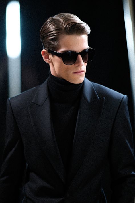 A black suit jacket with a black turtleneck and a black pair of sunglasses. Suit And Sunglasses Men, Suit Turtleneck, Turtleneck Suit, Modern Tailoring, Coconut Beach, Turtle Neck Men, Black Suit Jacket, Black Suit, Candle Light