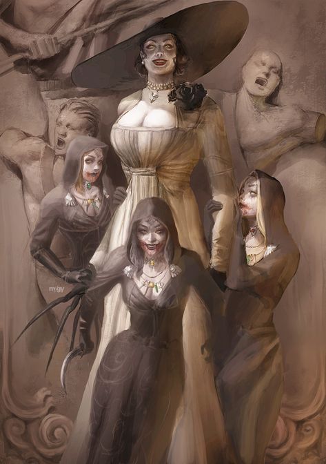 Lady Dimitrescu Daughters, Lady Dimitrescu Fanart, Dimitrescu Family, Evil Doctor, Lady Dimitrescu, Resident Evil Girl, Goth Baby, Big Scary, Resident Evil Collection