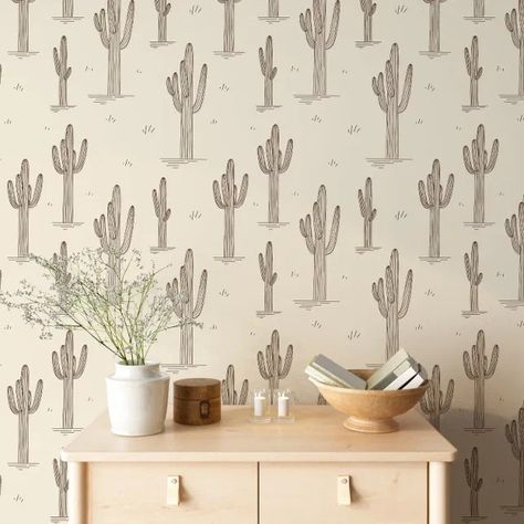 Western Desert Landscape Cactus Sketchy Style Wallpaper | Zazzle Vintage Western Background, Boho Cactus Wallpaper, Western Mural, Wallpaper Western, Hand Drawn Wallpaper, Wall Refrigerator, Cactus Wallpaper, Western Bedrooms, Boho Cactus