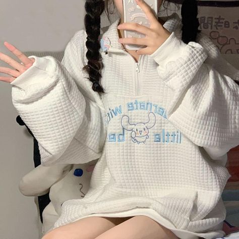 #cinnamoroll#sanrio#cute#kawaii#sweater#blue#skyblue#lightblue#white#comfortable#comfy Froggy Stuff, Harajuku Hoodie, Egirl Clothes, Waffle Sweater, Kawaii Cartoon, Half Zip Sweaters, Cartoon Cute, Kawaii Clothes, Long Sleeve Sweatshirt