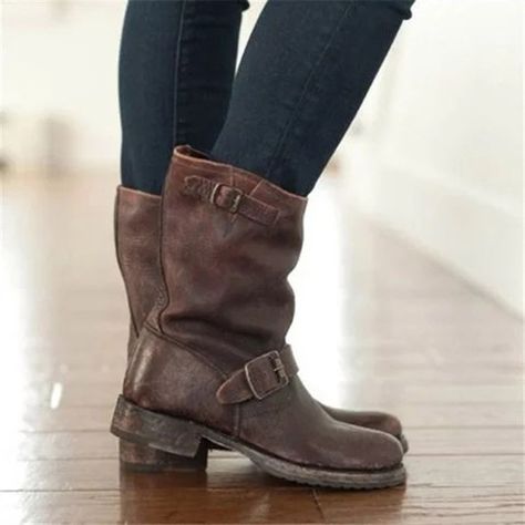 Large Size Womens Shoes, Leather Motorcycle Boots, Biker Shorts Outfit, Popular Boots, Brown Boots Women, Equestrian Boots, Buckle Ankle Boots, The Tube, Rounded Toe Boots