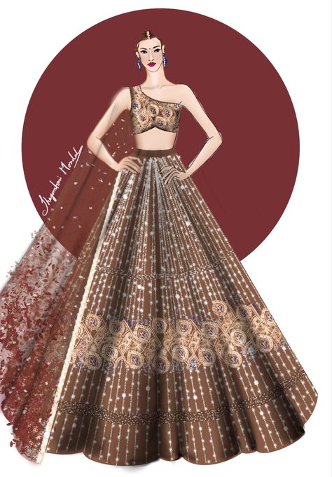 Beautiful fashion illustration design Illustration Of Lehenga, Bridal Illustration Sketches, Lehenga Illustration Sketch, Procreate Fashion Illustration, Lehenga Illustration, Texture Rendering, Bride Fashion Illustration, Designer Sketches, Fashion Illustration Template