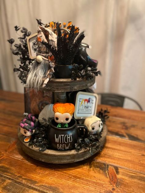 Hocus Pocus Tiered Tray Decor, Halloween Tiered Tray Ideas, Hocus Pocus Tiered Tray, Tiered Tray Ideas, Fall Tray, Hocus Pocus Party, Halloween Living Room, Disney Room Decor, Tier Trays