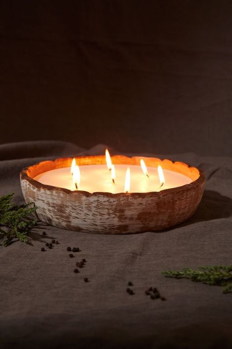 A Winter's Night Candle, available in two sizes, offers a luxurious winter ambiance to your home. The elegant wooden bowl and multi-wick base provide a warm, inviting glow, and the scents of peppercorn, leather and fir create an exclusive atmosphere perfect for any festive evening. Reuse the carved bowl for trinkets and keepsakes once the candle has burned away. Choose Size: Small - 7.75" in diameterLarge - 10.5" in diameter Candles For Winter, Make Scented Candles Diy, Winter Candle Aesthetic, Winter Ambiance, Warm Candle, Night Candle, Bowl Candles, Candle Bowls, Winter Candles