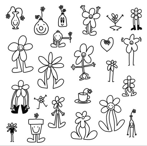 Cute Quirky Tattoos, Happy Flower Tattoo, Funky Small Tattoos, Innocent Tattoo, Doodle Tattoo Ideas, Cute Tattoo Flash, Shrinky Dink Ideas, Funky Doodle, Doodle Tattoos