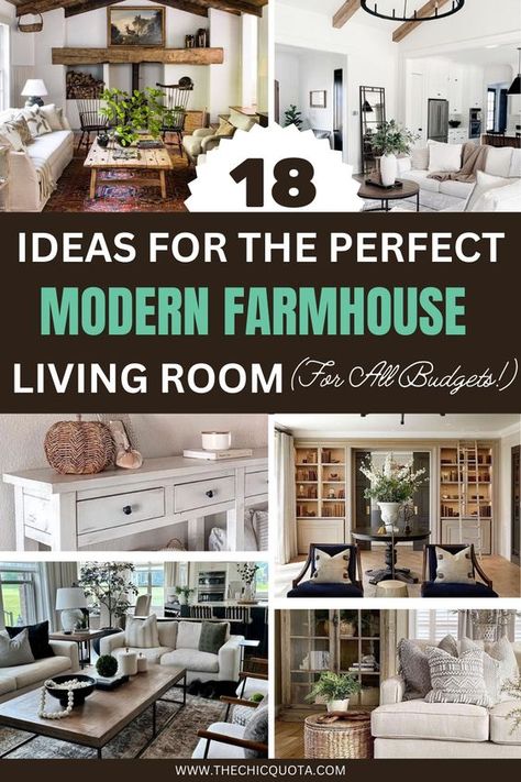 This post tells you everything you need to know about creating the perfect modern farmhouse living room with 18 ideas that can accommodate all budgets. No need to have a huge living room and custom-built sliding barn doors to achieve a modern farmhouse interior – all you need is some creativity and the ideas that I have collected for you! Modern Farmhouse Living Room Joanna Gaines, Modern Farmhouse Living Room Inspiration, Farmhouse Chic Living Room, Modern Farmhouse Living Room Ideas, Farmhouse Family Rooms, Modern Farmhouse Interior Design, Modern Farmhouse Furniture, Country Style Living Room, Modern Farmhouse Living Room Decor