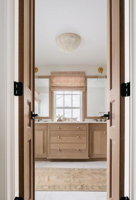 Oak Bathroom Cabinets, Transitional Bathroom Design, Cottage Style Bathrooms, Pure Salt Interiors, Kate Marker Interiors, Oak Vanity, Cottage Bathroom, White Quartz Countertop, Oak Cabinets