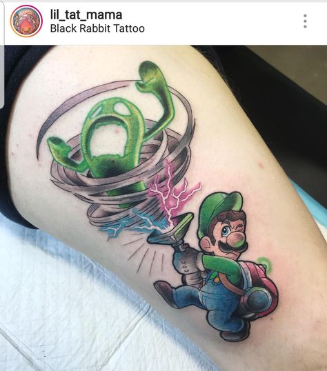 Luigi Tattoo Ideas, Luigi Tattoo, Mansion Tattoo, Luigis Mansion, Nintendo Tattoo, Pop Culture Tattoos, Old Nintendo, Peach Tattoo, Mario Tattoo