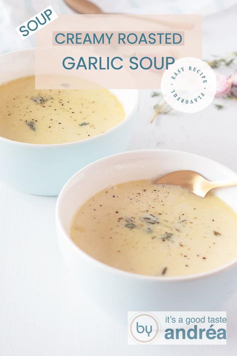 Creamy roasted Garlic Soup with over 40 cloves of garlic, what a delight. The soup has a soft sweet taste with a subtle hint of garlic. The cream makes it wonderfully creamy. This is the surprise of every dinner party, so delicious! Roasted Garlic Soup, Garlic Soup Recipe, Easy Roasted Garlic, Herb Soup, Parmesan Soup, Roasted Garlic Cloves, Bread Soup, Garlic Soup, Garlic Potatoes