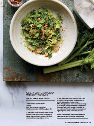 CELERY LEAF GREMOLATA WITH GREEN OLIVES (Prevention (Australia)), Dec 01, 2022 Celery Leaf Recipe, Cold Side Dishes, Cold Side, Green Olives, Chilli Flakes, Vegetable Soup, Zero Waste, Avocado Toast, Celery