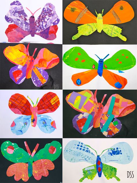 painted paper butterflies. make various patterns of paper with different tools. cut into shapes. glue to make a butterfly. Kindergarten Butterfly Art, Bug Art Lesson, Butterfly Process Art, Symmetrical Butterfly Art For Kids, First Grade Butterfly Art, Eric Carle Art, Deep Space Sparkle, Spring Art Projects, Butterfly Project