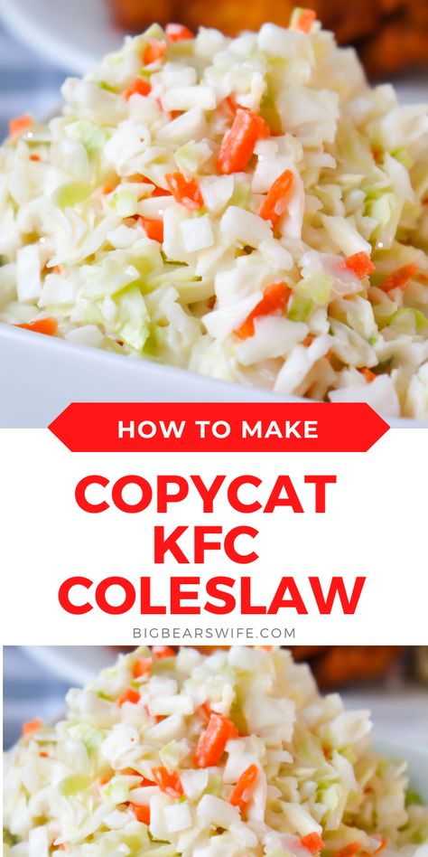 Love KFC Coleslaw? This Copycat KFC Coleslaw recipe is my favorite version and is great for cookouts and family dinners! via @bigbearswife Copycat Coleslaw, Vegan Kfc, Copycat Kfc Coleslaw, Coleslaw Dressing Recipe, Copycat Kfc, Kfc Coleslaw Recipe, Coleslaw Recipe Easy, Cookout Side Dishes, Coleslaw Dressing