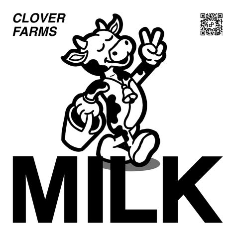 A cow character illustration, with the word “ Milk “ at the bottom. Retro Cow Illustration, Cow Illustration Design, Brand Mascot Design, Cow Character Design, Cow Branding, Cow Logo Design, Mascot Design Ideas, Cow Graphic Design, Factory Illustration