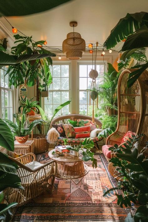 Boho Jungle Decor, Boho Sunroom Decorating Ideas, Sunroom Aesthetic, Boho Sunroom Ideas, Cozy Sunroom Ideas, Bohemian Modern Bedroom, Boho Beach Bedroom, Boho Sunroom, Indoor Sunroom