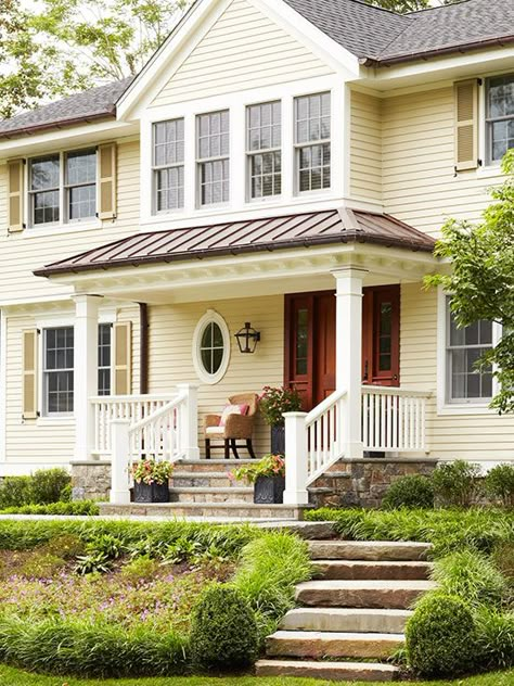 Here are some helpful tips. Metal Roof And Vinyl Siding Color Combinations, Yellow Farmhouse Exterior, Yellow Siding, Home Exterior Colors Schemes, Yellow House Exterior, Daisy Cottage, Wood Cabin, House Pics, Front Door Paint Colors