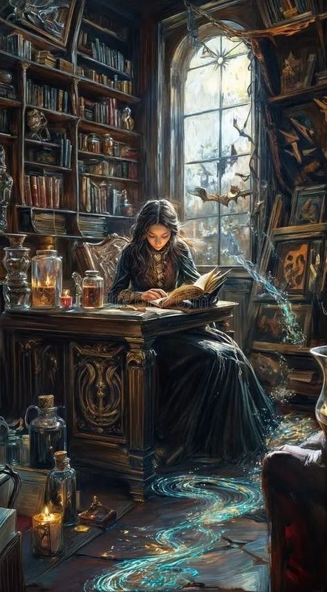 Cozy Storybook Art, Witch Store Illustration, Witch Aesthetic Potions, Old Magic Aesthetic, Forest Witch Illustration, Witchy Books Aesthetic, Magic Books Aesthetic, Magical Fantasy Aesthetic, Books Fantasy Aesthetic