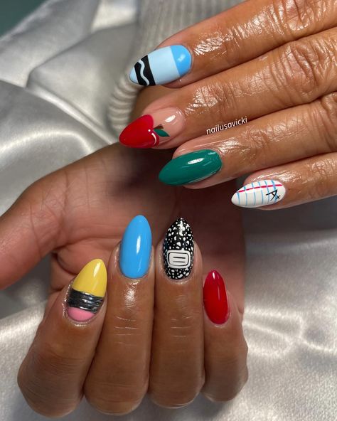 Teacher Appreciation Week just needs to be a month long celebration✏️🗒️🍎 . . . #nails #nailusa #nailart #naildesign #nailsofInstagram #naildesigns #nailsoftheday #naildesignsideas #acrylic #acrylicnails #raleigh #durham #raleighnails #trend #trendynails #springnails #summernails #funnails #colorfulnails #schoolnails #teachernails School Themed Nail Designs, Fair Themed Nails, Science Teacher Nails, Teacher Theme Nails, Teacher Nails Designs Simple, School Teacher Nail Art, Teacher Inspired Nails, Back To School Nail Designs For Teachers, Back To School Nails Teacher