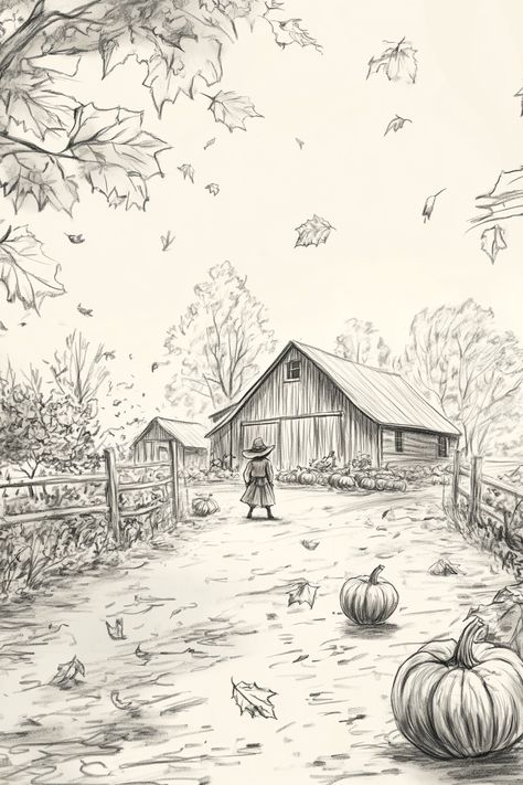 Cozy pencil sketch depicting fall drawing ideas with a pumpkin patch, scarecrow, and barn, perfect for easy autumn drawing inspiration. Fall Drawing Ideas Autumn, Autumn Tree Drawing, Autumn Sketches, Fall Drawing Ideas, Fall Drawings, Drawings Ideas, Nature Inspired Design, Drawing Ideas, Nature Inspired