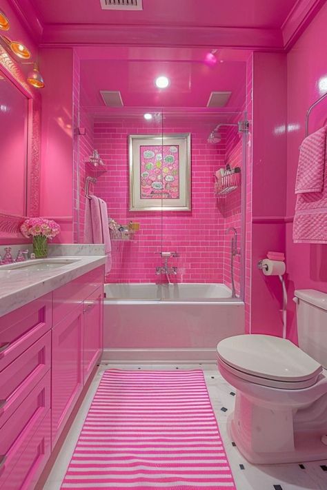 Bright Wallpaper Bathroom, Bright Fun Bathroom, Fun Colorful Bathroom, Girly Bathroom Decor, Feminine Bathroom, Barbie Bathroom, Girly Bathroom, Deco Rose, Bathroom Inspiration Decor