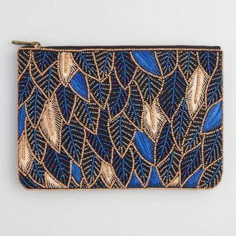 Gold And Blue Beaded Leaf Pouch Leaf Pouch, Pochette Diy, Sac Diy, Embellished Bags, Beaded Leaf, Embroidery Bags, Gold And Blue, Boho Bags, Beaded Handbag