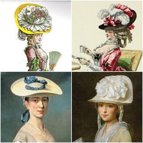 Shaped bergère hats, 18th century 1800 Costume, 18th Century Hats, Edwardian Hat, Historical Hats, Colonial Dress, 18th Century Women, French Hat, 18th Century Dress, 18th Century Costume