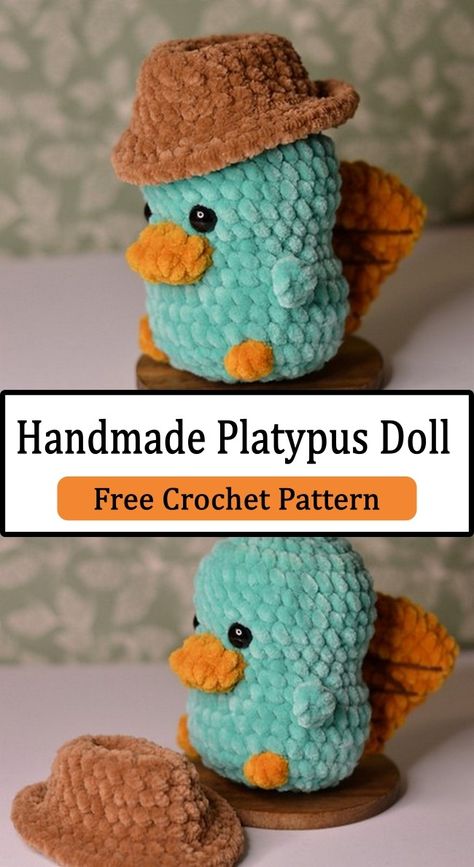 Crochet Platypus Amigurumi Crochet Amigurumi Gift Ideas, Crochet Animals Fluffy Yarn, Platypus Amigurumi Free Pattern, Crochet Plushie Accessories, Cool Crochet Animals, Crochet Patterns Stuffies, Crochet Platypus Pattern, Turtle Plushie Crochet, Free Fluffy Crochet Patterns