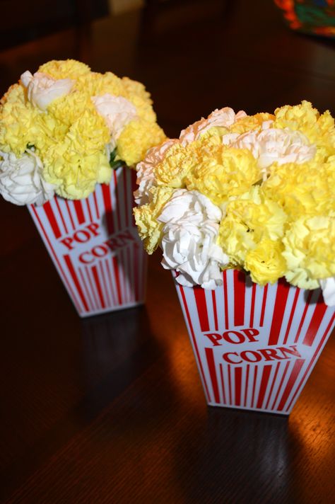 Yellow and white carnation "popcorn" centerpieces for movie or Oscar party... #popcorncenterpiece #movieparty #oscarparty Popcorn Centerpieces, Prom Ideas, Oscar Party, Dorothy Perkins, Popcorn, Table Top, Prom, Yellow, White