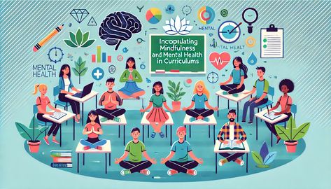 A diverse group of students sitting in a classroom practicing mindfulness, with some meditating and others journaling. Surrounding them are icons like a brain, a heart, and a lotus flower. Background is calm with shades of blue and green. Title 'Incorporating Mindfulness and Mental Health in School Curriculums' is prominently displayed with bold, easy-to-read text. Mental Health In Schools, Holistic Learning, Reading And Writing Resources For Middle School, School Environment, Mental Health Education, Benefits Of Mindfulness, Educational Illustration, School Curriculum, Teaching Methods