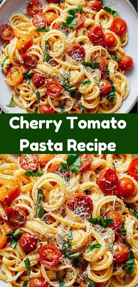 What's for dinner? This Cherry Tomato Pasta Recipe! It's one of the easiest dinner ideas. Bursting with flavor, this tomato pasta recipe is perfect for quick and easy dinner recipes for family. Tomato Sauce Using Cherry Tomatoes, Bursting Tomato Pasta, Tomato Based Crockpot Recipes, Pasta Spinach Tomato Recipes, Easy Cherry Tomato Pasta, Chicken Cherry Tomato Pasta, Roma Tomatoes Recipes Dinners, Recipe For Cherry Tomatoes, Pasta Recipes With Cherry Tomatoes