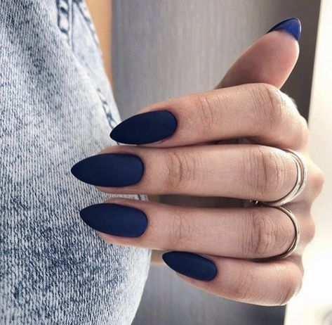 Matte Dark Blue Acrylic Nails, Navy Blue Nails Acrylic Matte, Mate Blue Nails, Matt Navy Nails, Mat Color Nails, Matte Blue Almond Nails, Matte Solid Color Nails, Solid Matte Nails, Matt Dark Blue Nails