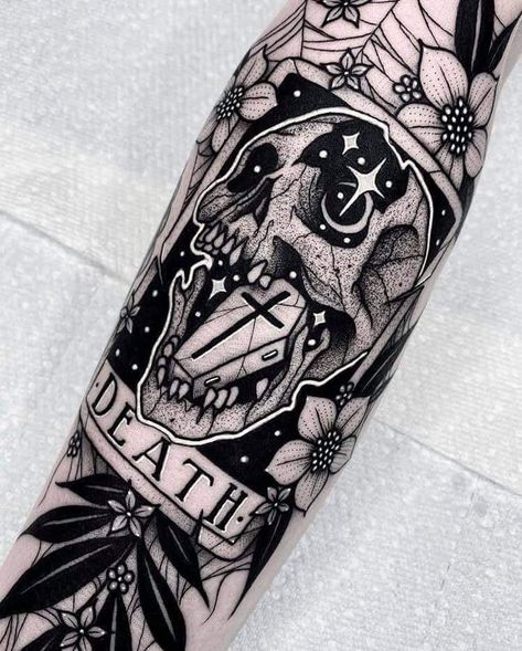 🦇💀🖤 Tattoo Goals 🦇💀🖤 All Tattoo art by Angelo Parente Black Casket Tattoo 🎃 Can I get an appointment?!?! Follow The Pumpkin Empress on IG as well for all your fall aesthetic! 🎃 Www.instagram.com/the_pumpkin_empress Flower Thigh Tattoos, Tarot Card Tattoo, Tarot Tattoo, Skull Sleeve Tattoos, Tattoos Mandala, Skeleton Tattoos, Theme Tattoo, Tattoos Geometric, Spooky Tattoos