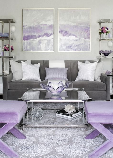 lavendar and gray glam. #lavender/grey #livingroom Grey And Lavender Living Room, Lavender Living Rooms, Grey And Purple Living Room, Purple And Grey Living Room, Lavender Living Room, Purple Living Room Ideas, Purple Dining Room, Living Room New York, Lavender Room