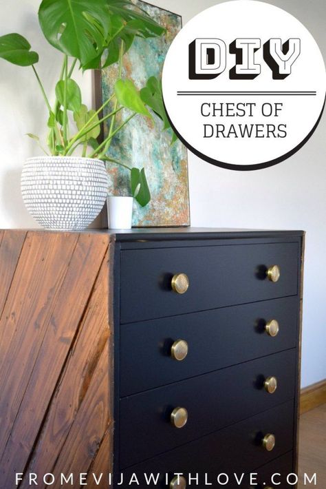 How to Transform Chest of Drawers using Pallets and Paint - From Evija with Love. decoart satin enamel paint in classic black, dark stain and gold coloured hardware Diy Chest Of Drawers, Furniture Staging, Chest Of Drawers Makeover, Dresser Makeovers, Retro Desk Lamp, Black Chest Of Drawers, Chest Drawers, Chest Of Draws, Refinishing Furniture Diy