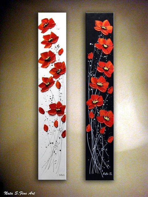 Two Part Paintings, Painting On Two Canvases, Poppy Flower Painting Acrylics, 2 Paintings Side By Side, Flower Painting On Wall, Vertical Painting Ideas, Poppy Painting Acrylic, Long Canvas Art, Black And Red Painting