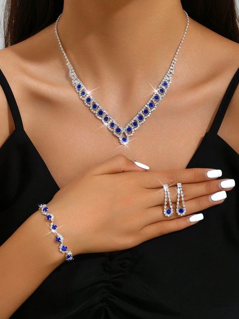 European And American Bridal Jewelry Set - 4pcs Blue Rhinestone Necklace, Earrings, Bracelet Set, Suitable For Evening Dinner, Party, Senior DecorationI discovered amazing products on SHEIN.com, come check them out! Prom Dress Jewelry, Evening Dinner Party, Beautiful Profile, Beautiful Profile Pictures, Evening Dinner, Bridal Jewelry Set, Plants Indoor, Mob Dresses, Dress Jewelry