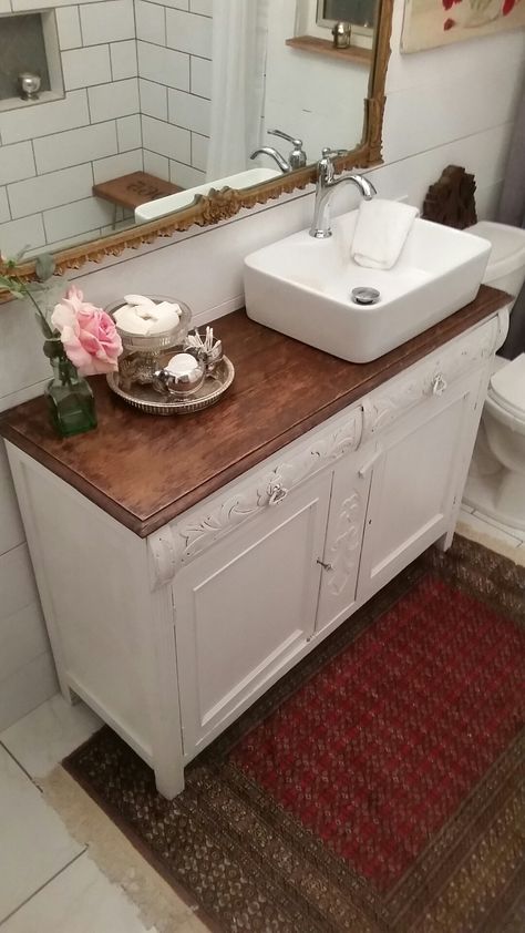 Buffet Sink Vanity, Buffet Into Bathroom Vanity, Vessel Sink Ideas, Dresser Sink, Vintage Bathroom Sink, Vintage Modern Bathroom, Dresser Vanity Bathroom, Vessel Sink Bathroom Vanity, Vessel Sink Vanity