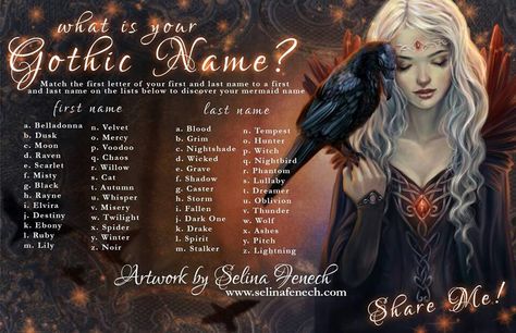 I'm no where near goth, but name references! Mysterious Names, Character Name Generator, Funny Name Generator, Birthday Scenario, Witch Names, Mermaid Names, Fantasy Character Names, Fantasy Names, Name Games