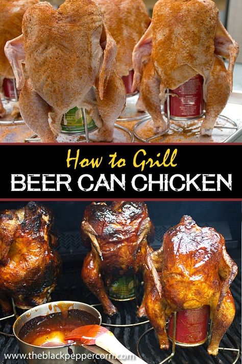 Beer Can Chicken on the Grill - How to grill recipe - Classic beer can chicken done on the grill. Easy 'how to recipe' for BBQ chicken with a spicy rub and sauce. Smoker Recipes Chicken, Smoked Beer Can Chicken, Chicken On The Grill, Smoked Recipes, Can Chicken Recipes, Beer Chicken, Can Chicken, Beer Can Chicken, Chicken With Olives