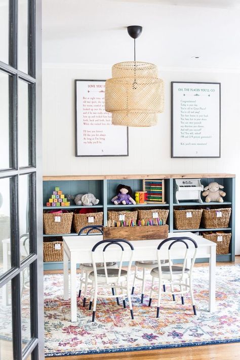 A dated, unorganized playroom gets a bright and whimsical makeover with organizational strategies, ideas for adding function, and DIY-able projects to create the perfect kid's space on a budget. #kidsroom #playroom #kidsdecor #toyorganizing Trofast Ikea, Diy Playroom, Basement Playroom, Ikea Billy Bookcase, Ikea Billy, Playroom Design, Playroom Organization, Play Spaces, Toy Rooms